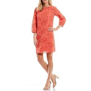 Preston & York Size 10 Coral Orange 3/4 Sleeve Eyelet Sheath Dress Embroidered